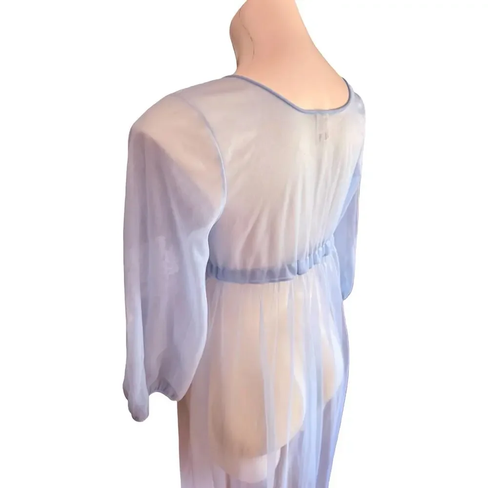 Movie Star Vintage 1970s Sheer Peignoir Robe Baby Blue Lace Floral Appliqué Sz S